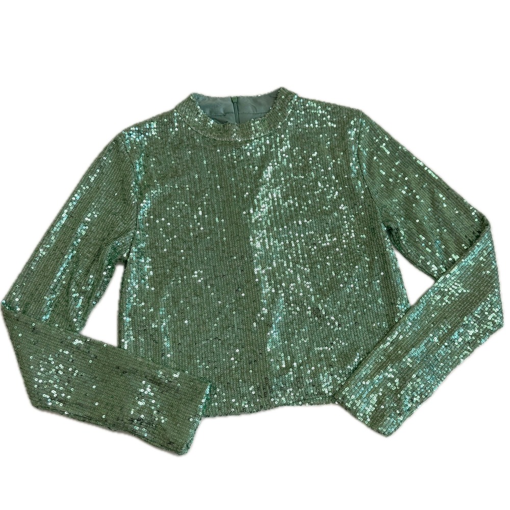 MNG Mango Crop Top Womens Small Green Sequin Sparkly Party Disco Glam - Picture 2 of 10